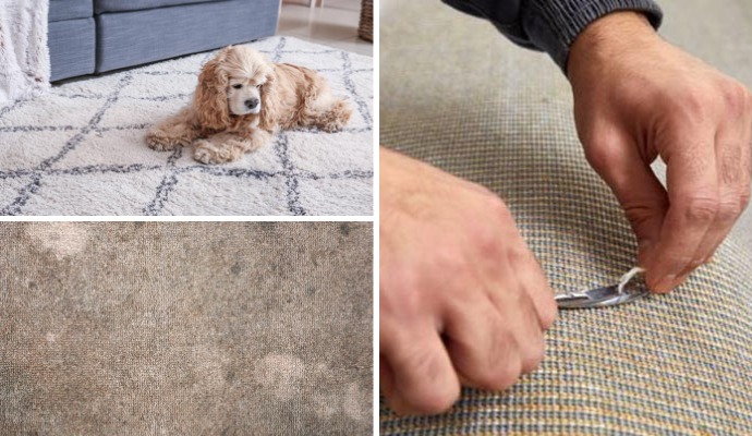 Collage of pet on carpet, molded carpet and carpet repairing